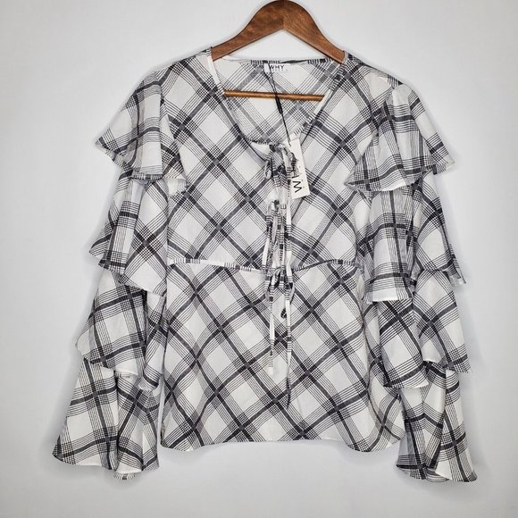Why Dress Womens Black Plaid Ruffled Sleeve Tie Front Blouse Size L Career NWT - Picture 1 of 9